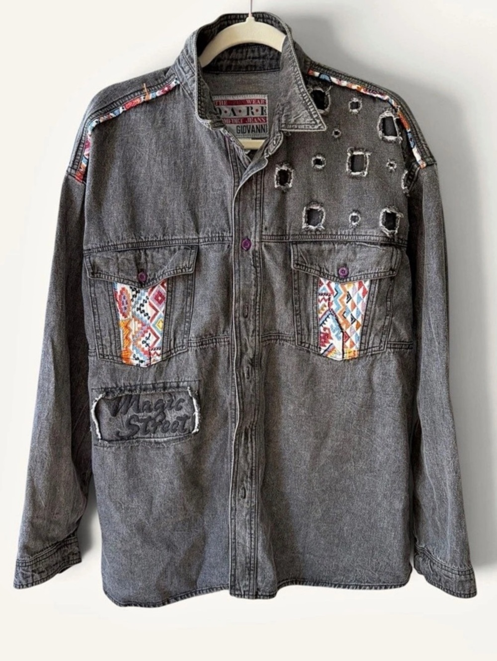 Vintage 80s 90s DARE Giovanni Acid Wash Denim Shirt Jacket Southwestern Details